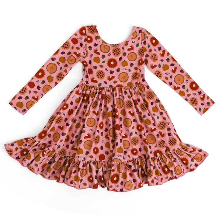 girl's long sleeve Thanksgiving twirl dress with pumpkin pie print in fall colors