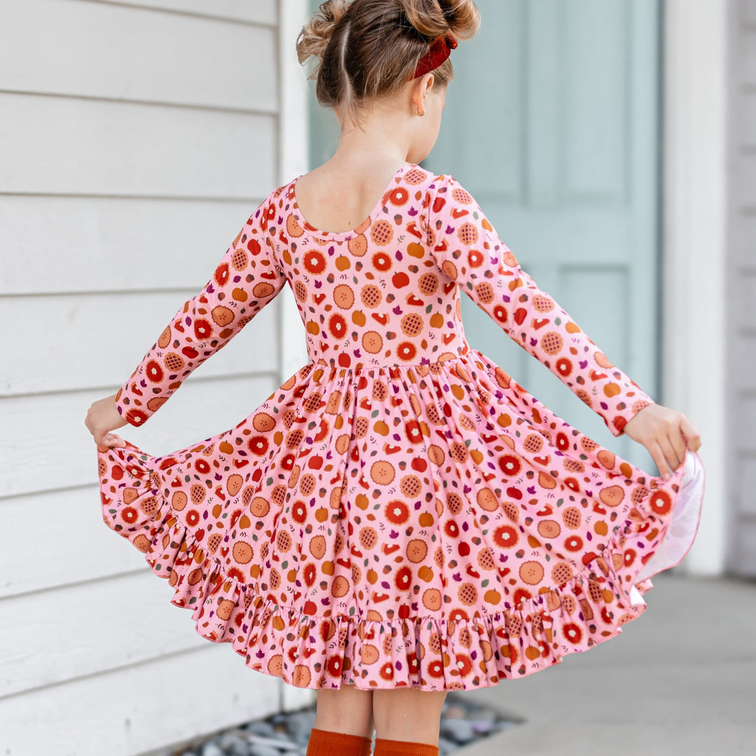 girls scoop back, pumpkin pie print long sleeve twirl dress for Thanksgiving dinner