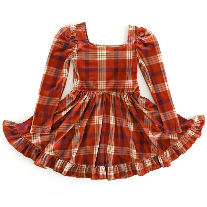girls' long sleeve velvet twirl dress in pumpkin spice plaid for Thanksgiving and fall