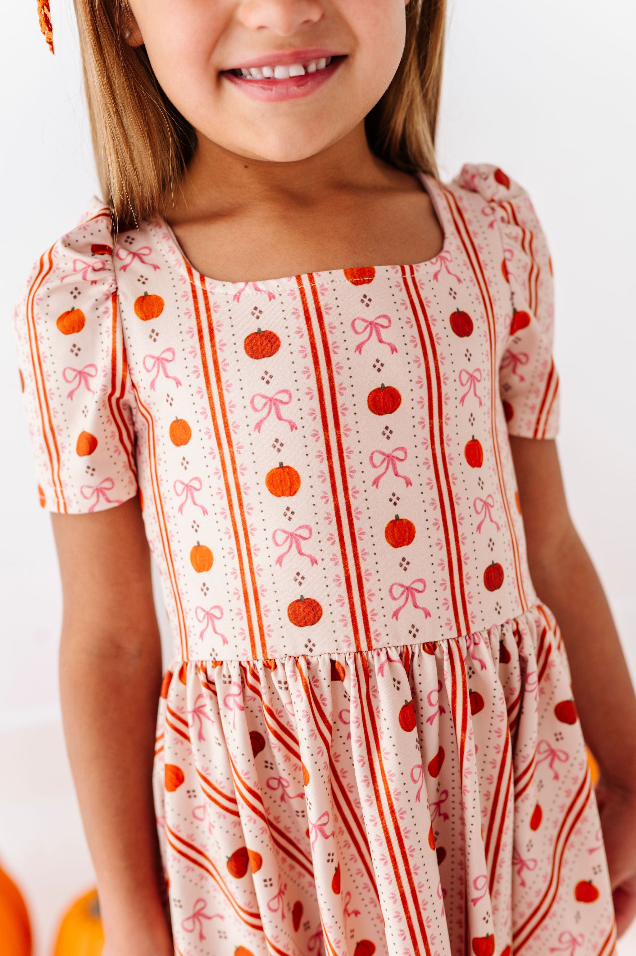 girls pumpkin wallpaper print dress for fall details