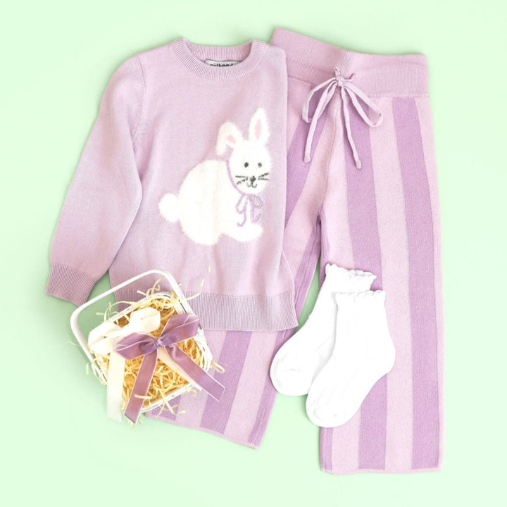 girls easter bunny knit sweater in lilac with matching two-tone purple stripes sweater pants and coordinating velvet ribbon bows and midi socks