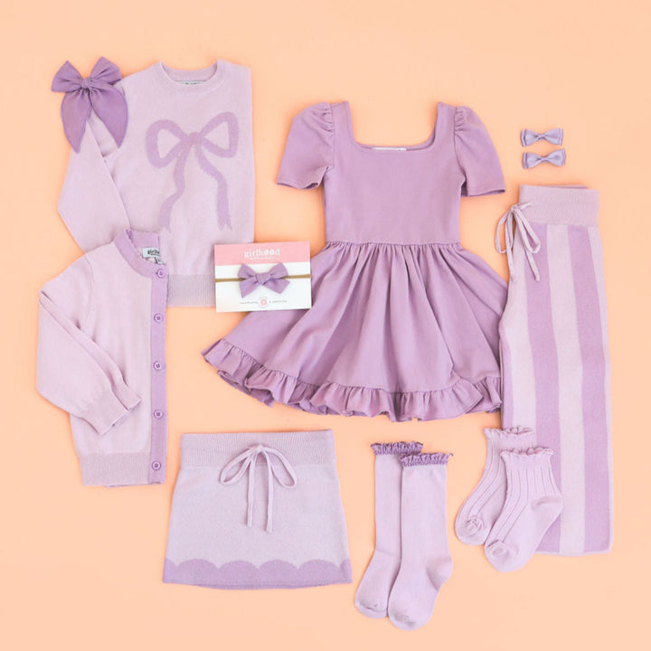 girls bow to toe coordinating outfit pieces in shades of lilac and lavender for spring and easter sister sets