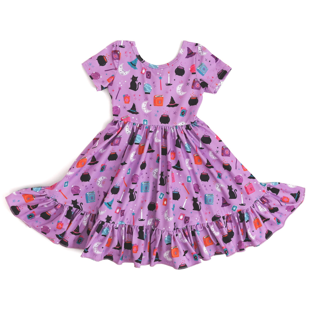 girls' purple halloween witch print twirl dress