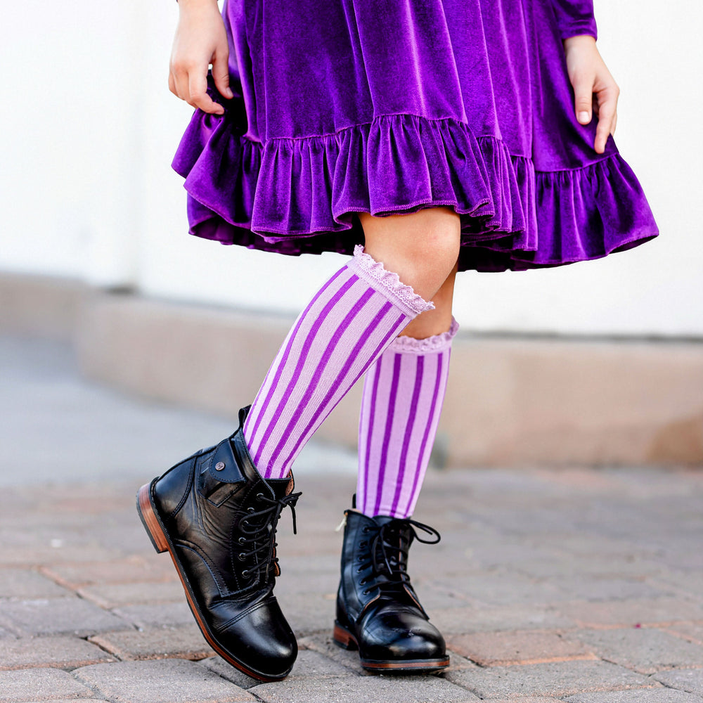 girls purple vertical stripe knee high socks with lace trim