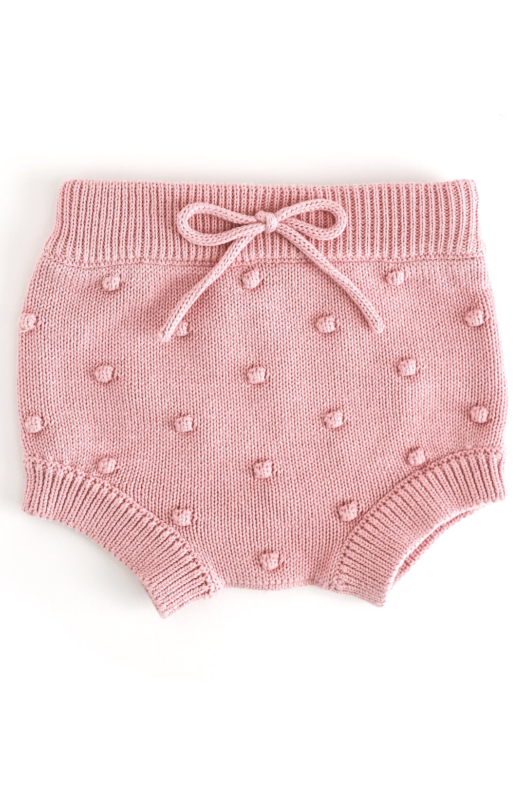 girl's light fall pink baby knit bloomers with faux tie at the waist and 3D bubble texture