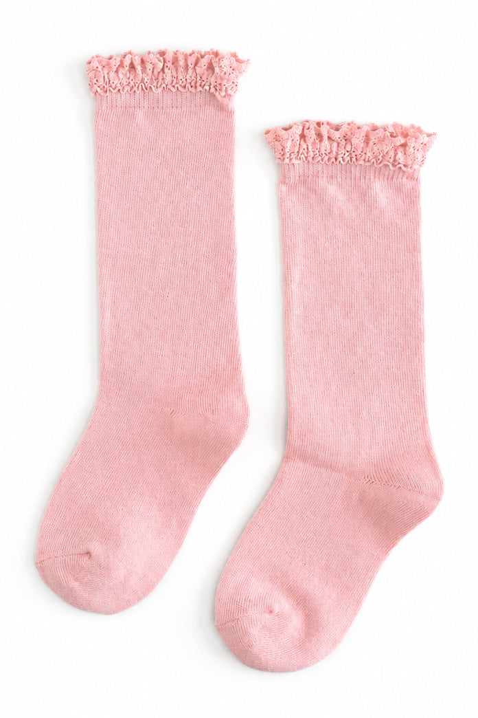 quartz pink lace top knee high socks for babies, toddlers and girls