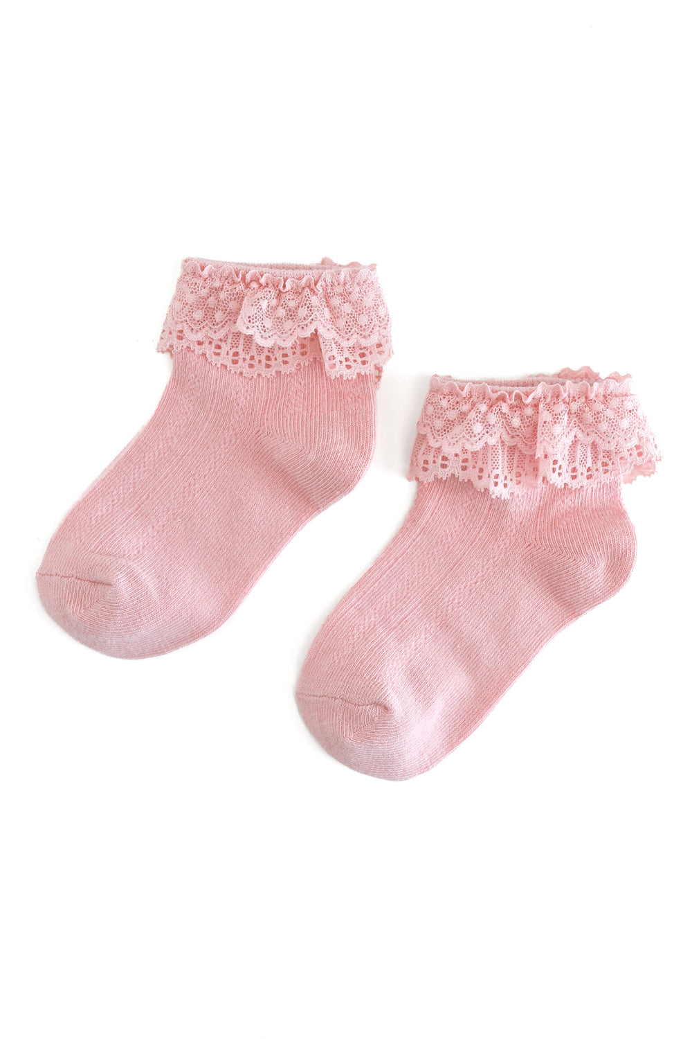 A pair of light pink ankle socks with delicate lace ruffles at the top, displayed on a clean white background.