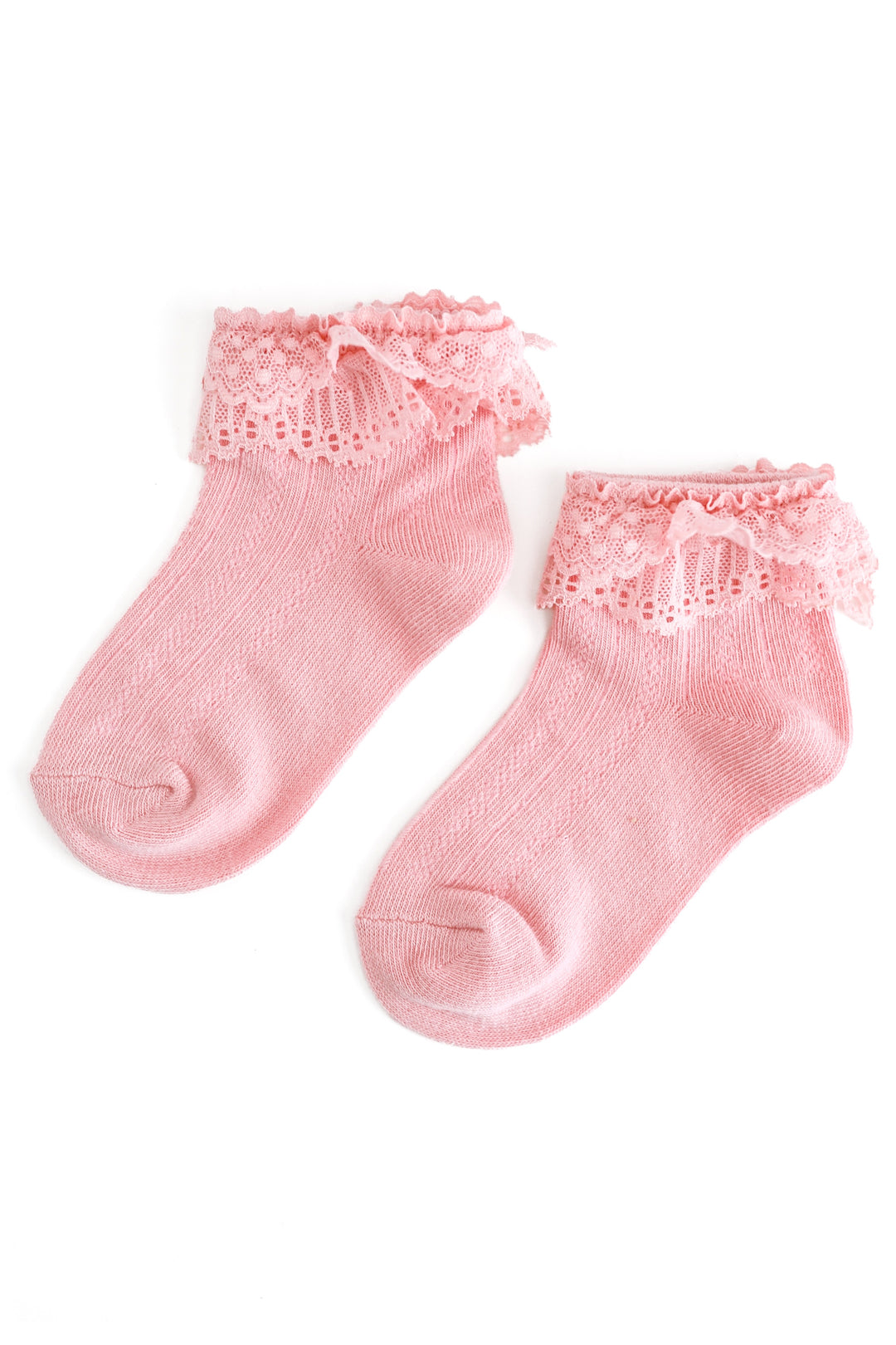 A pair of light pink ankle socks with delicate lace ruffles at the top, displayed on a clean white background.