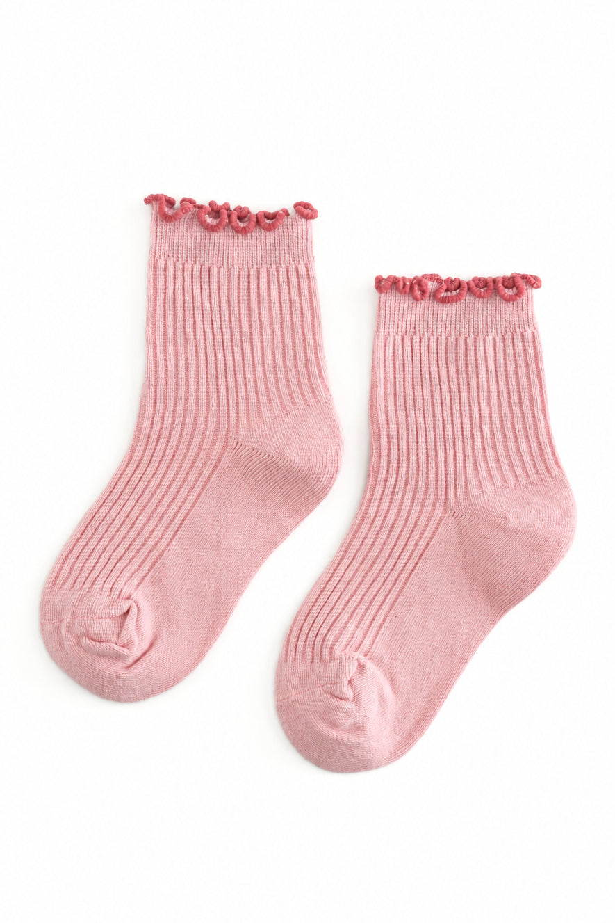 girls light fall pink ribbed ankle socks with mauve lettuce trim
