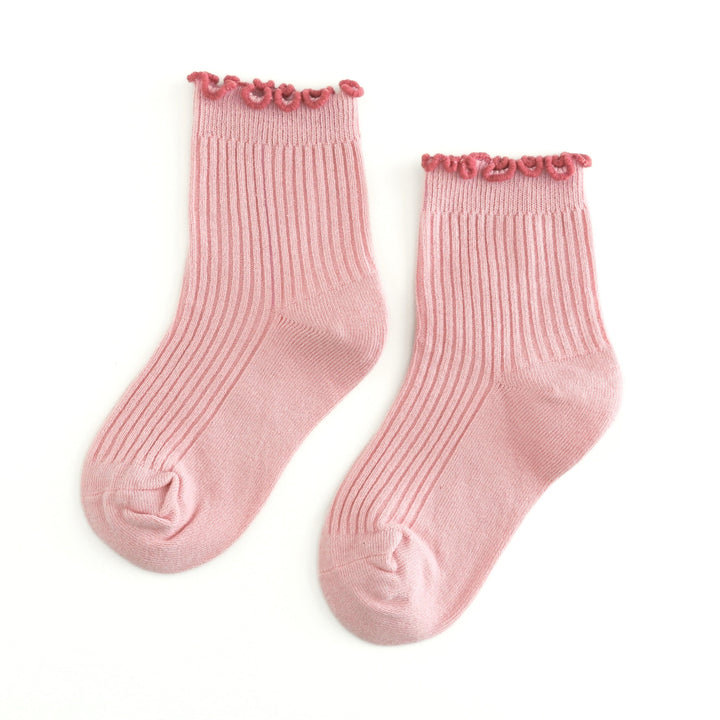 girls light fall pink ribbed ankle socks with mauve lettuce trim