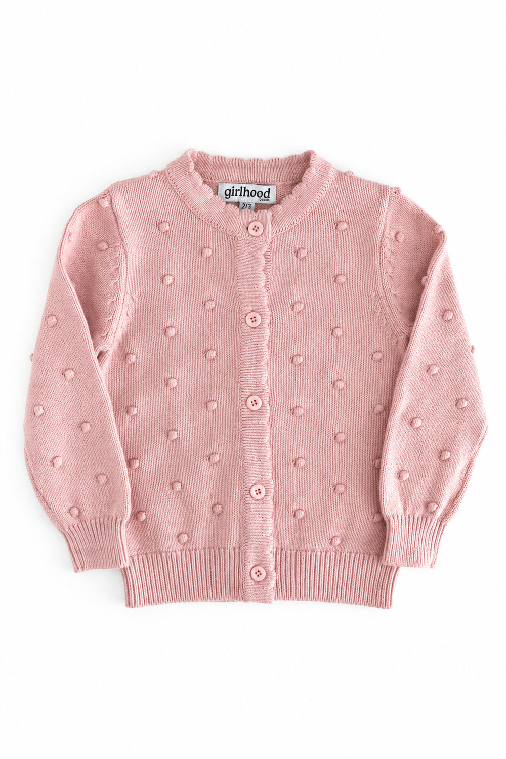 girls light pink cotton knit, button front cardigan with 3D bubble design