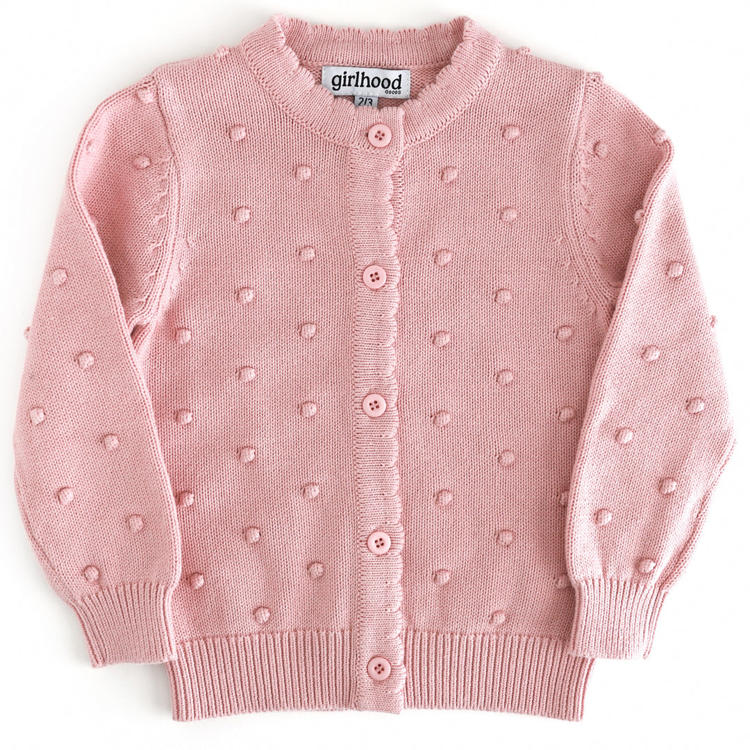 girls light pink cotton knit, button front cardigan with 3D bubble design