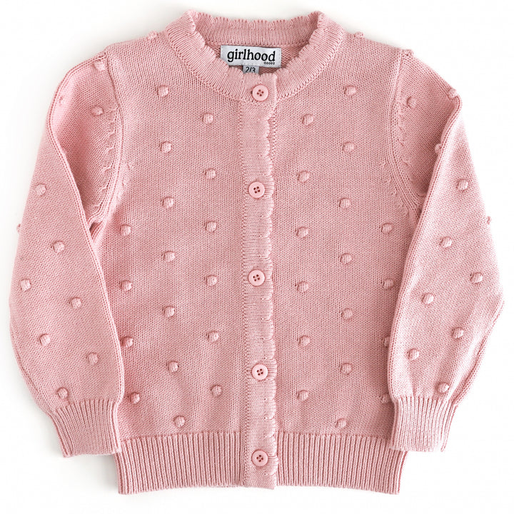 girls light pink cotton knit, button front cardigan with 3D bubble design