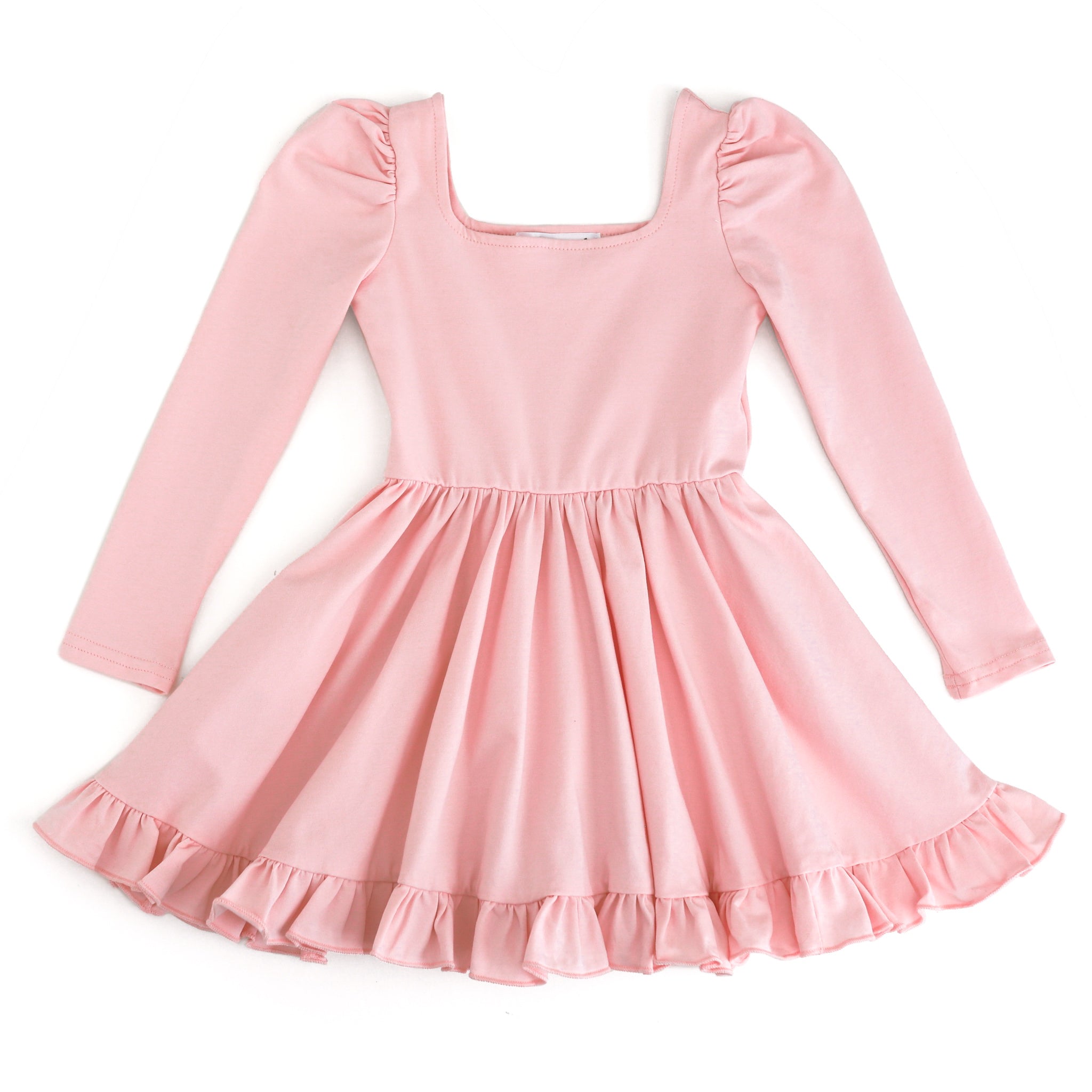 girls' long sleeve light pink cotton blend twirl dress with square neckline and ruffled hem