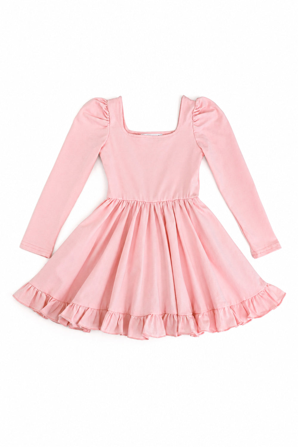 girls' long sleeve light pink cotton blend twirl dress with square neckline and ruffled hem