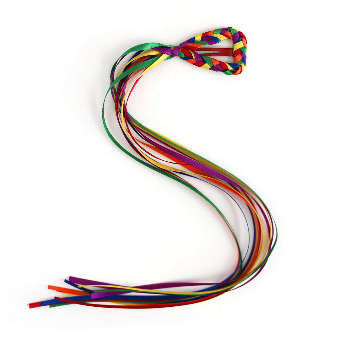 girls' rainbow braided heart shaped hair clip with ribbons for pride day