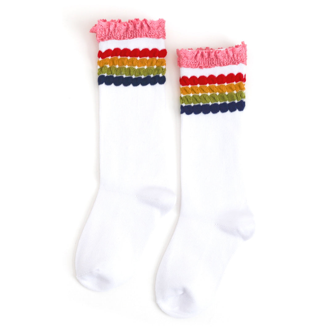 girls' rainbow bubble stripe lace top knee high socks