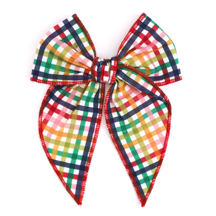 girls' back to school rainbow plaid hair bow