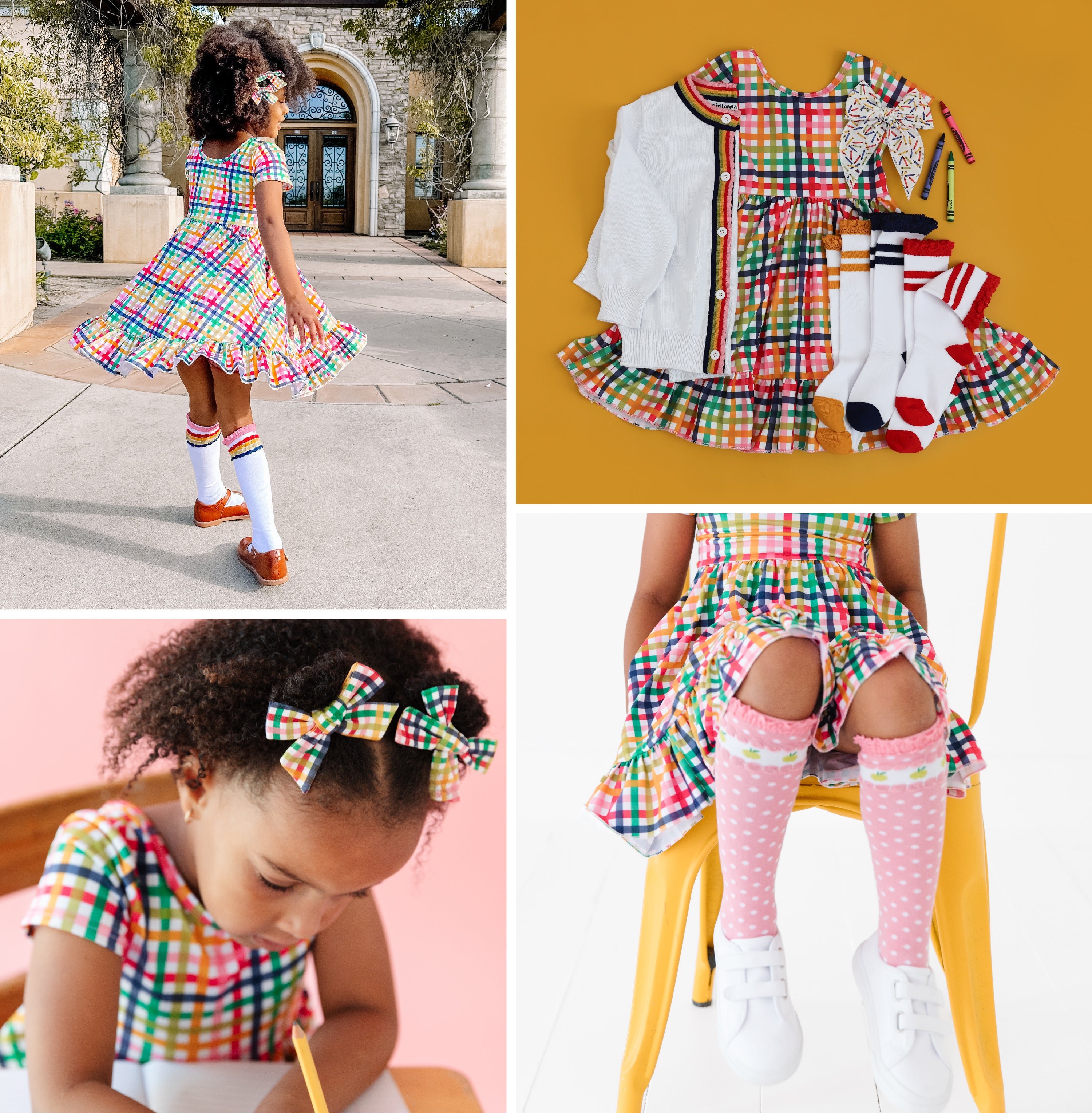 Girls Back to School Dress Rainbow Plaid Little Stocking Company