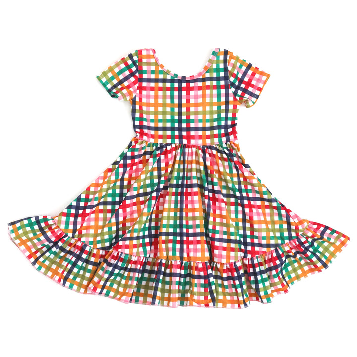 girls' back to school rainbow plaid twirl dress