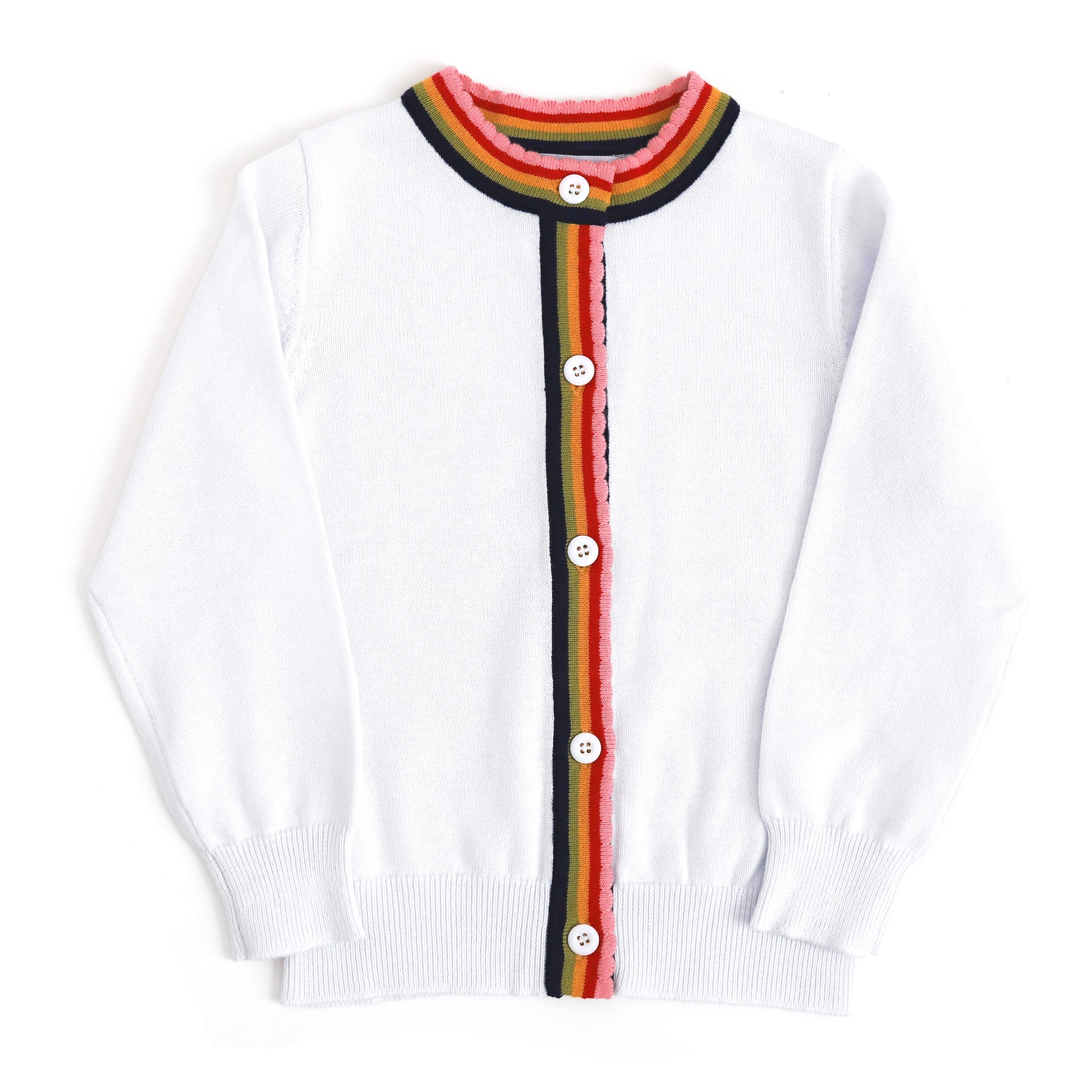 girls' back to school white and rainbow striped cardigan sweater
