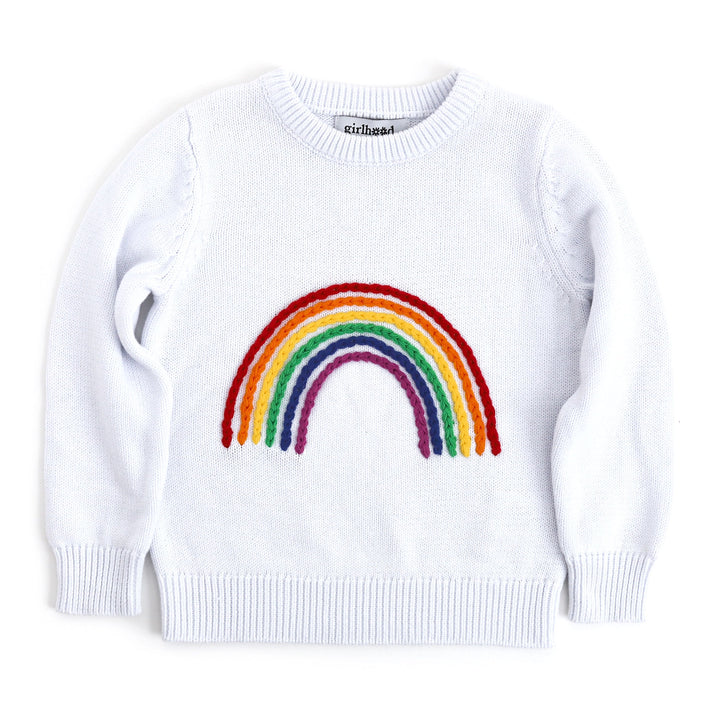 kids white knit sweater with embroidered rainbow design 