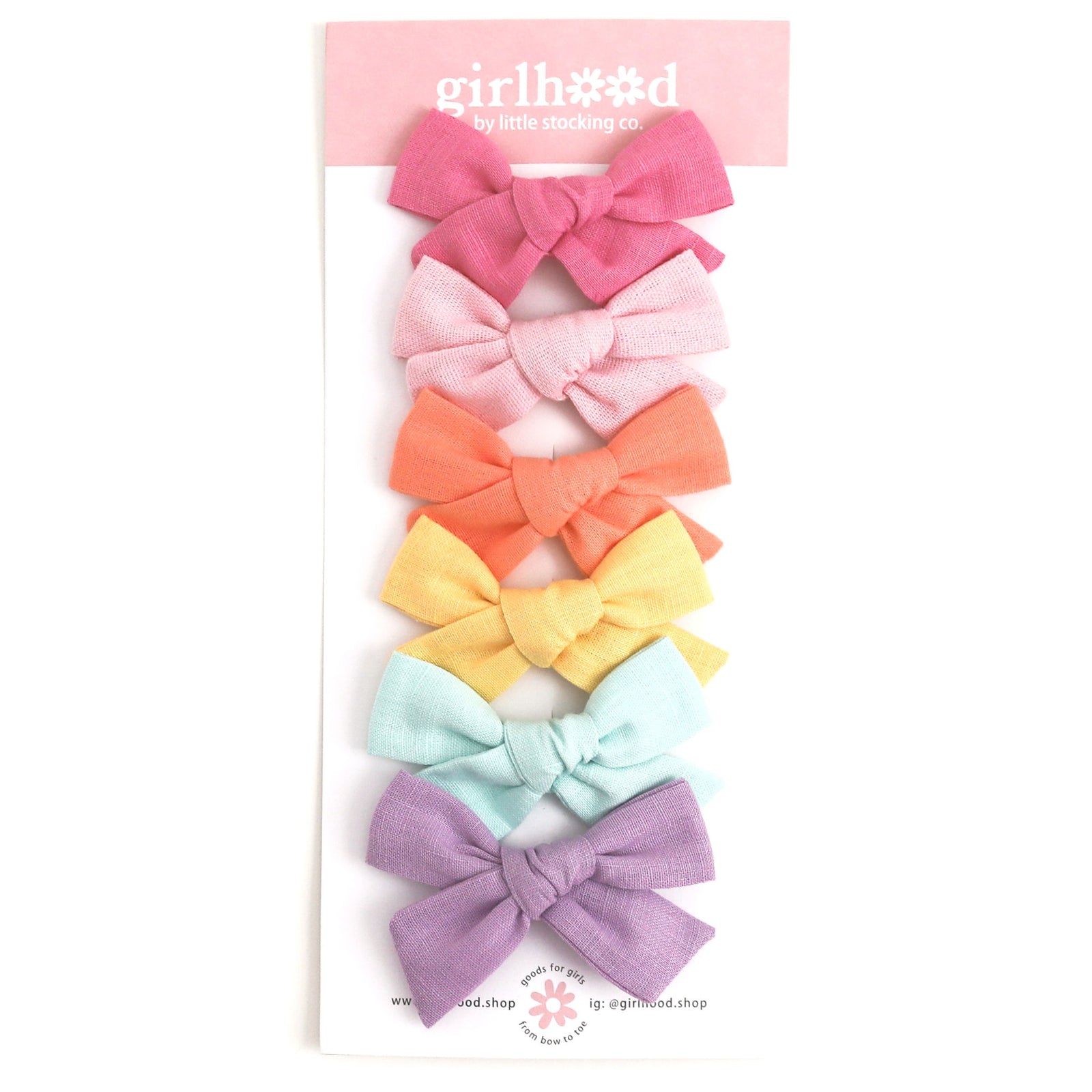 set of 6 3" clip bows in a rainbow of spring colors