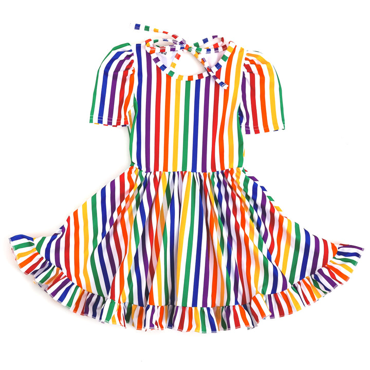 primary colored rainbow stripe twirl dress for little girls