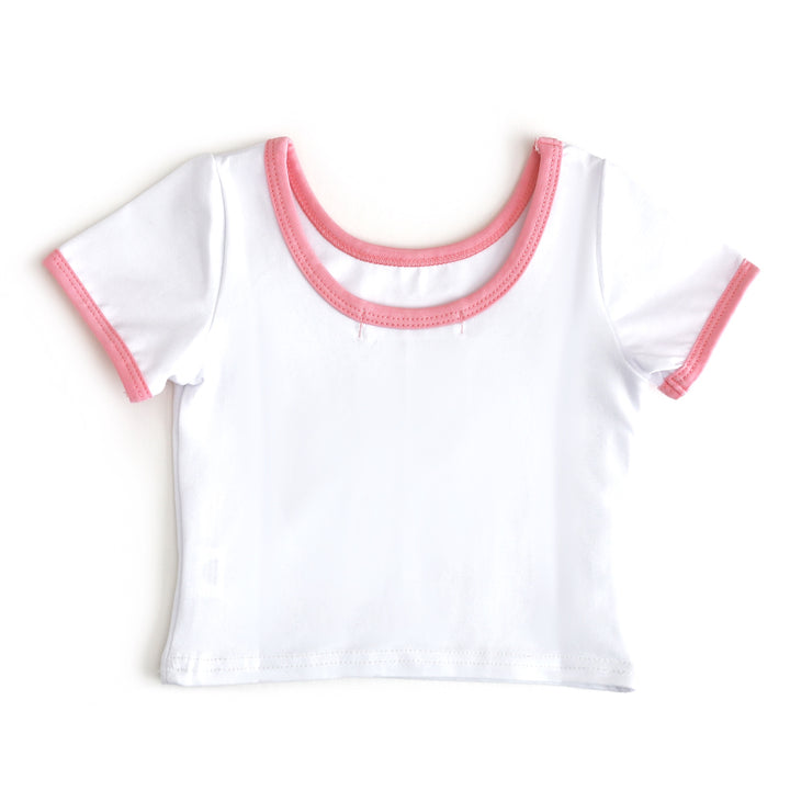 scoop back detail on white cotton blend t-shirt with pink binding