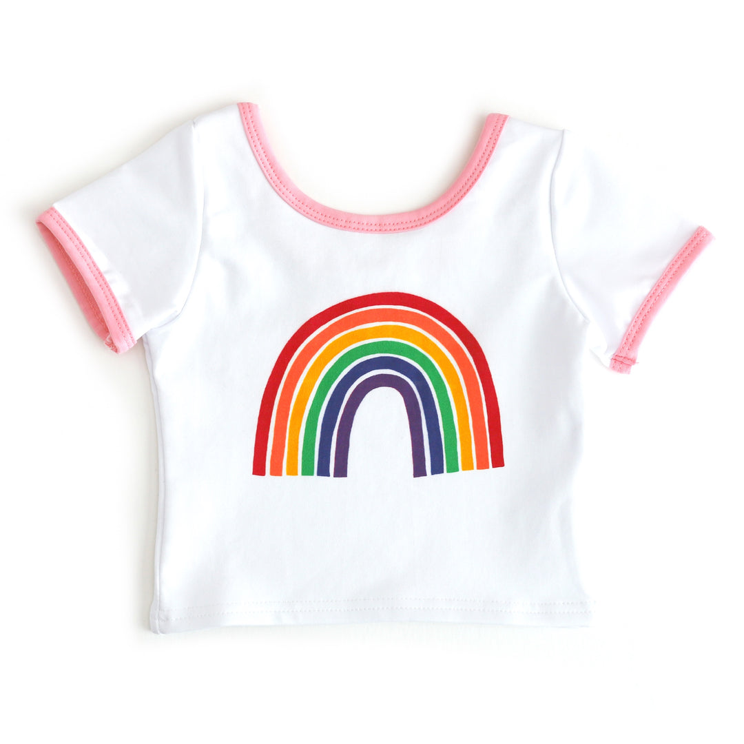 girl's white fitted cotton blend tee with pink binding and rainbow design 