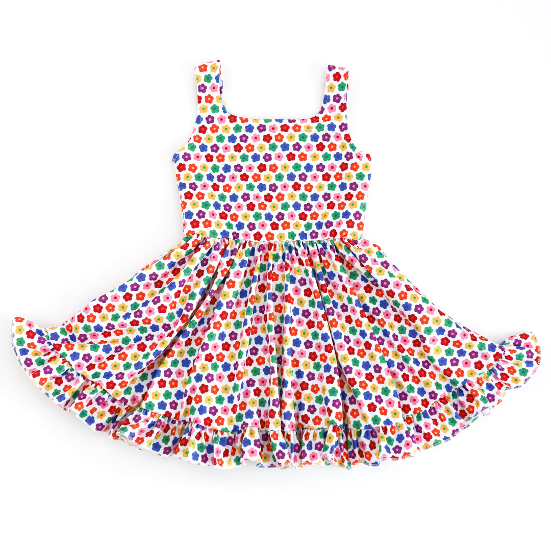 girls sleeveless summer twirl dress with petite flowers in a rainbow of colors on white base