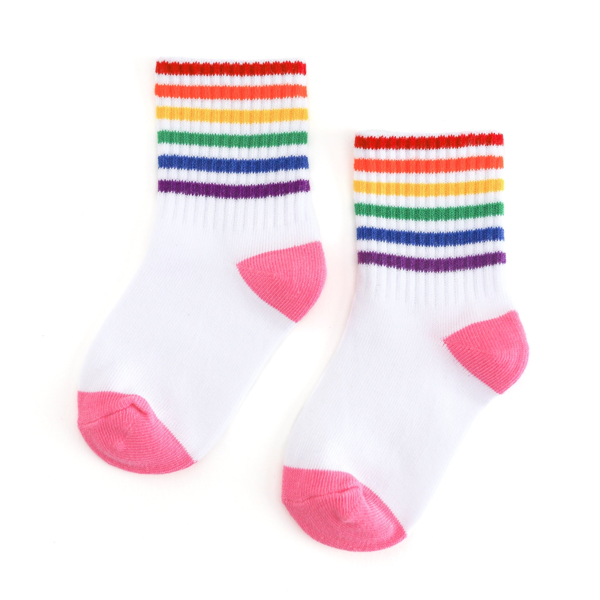 children's white crew sock with pink toe and heel detail and rainbow stripes at the ankle