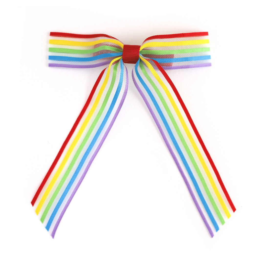 girls sheer bow on clip with rainbow stripes for pride and summer