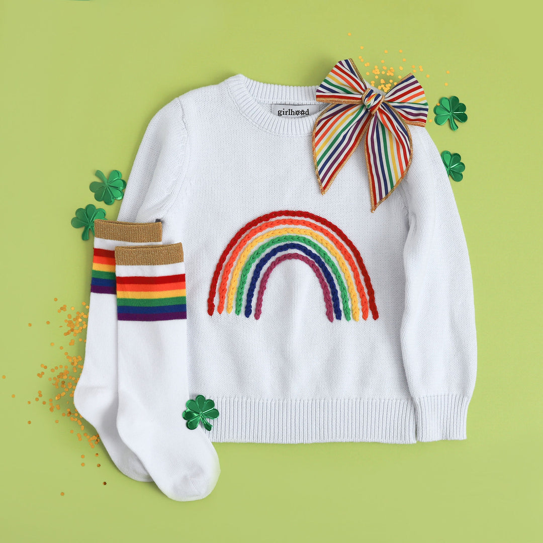 rainbow stripe knee highs, rainbow embroidered sweater, rainbow stripe hair bow.