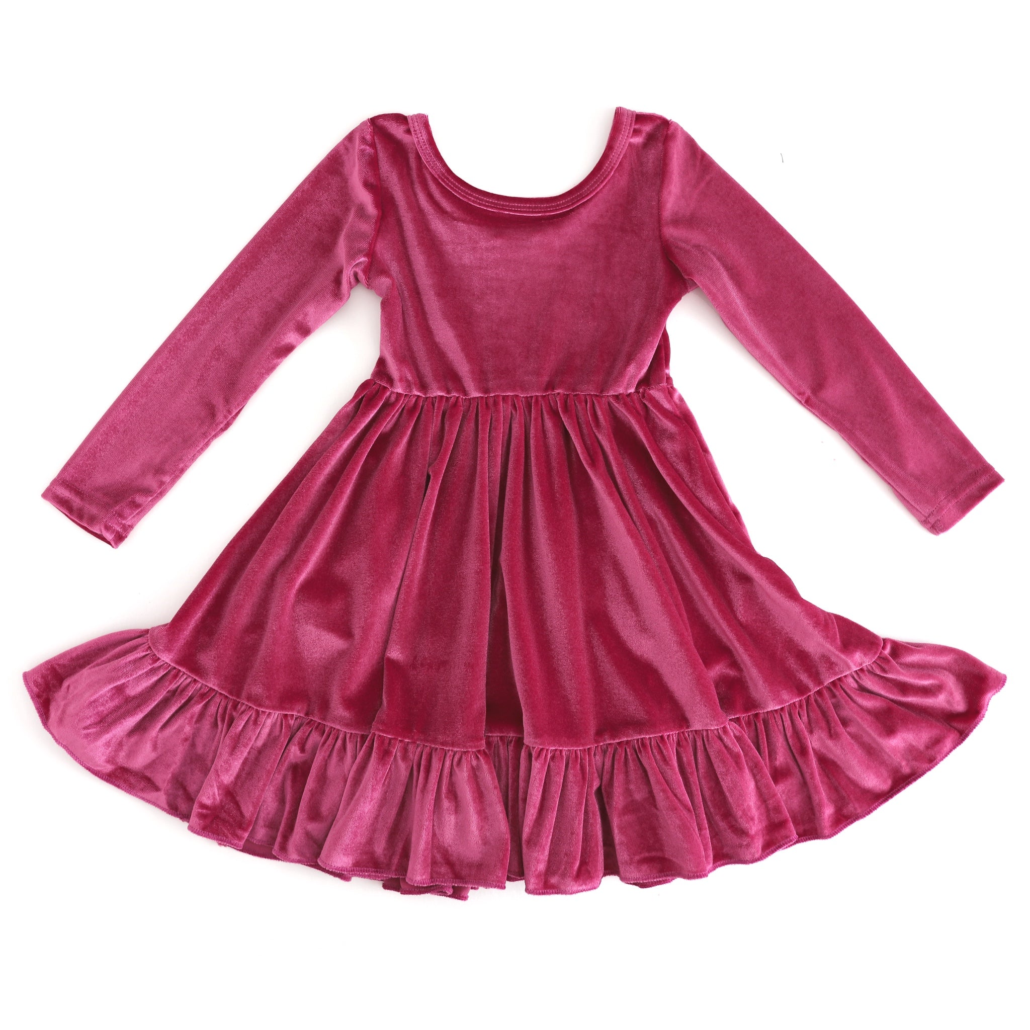 girls' long sleeve raspberry pink velvet twirly dress with ruffle hem for fall and Halloween