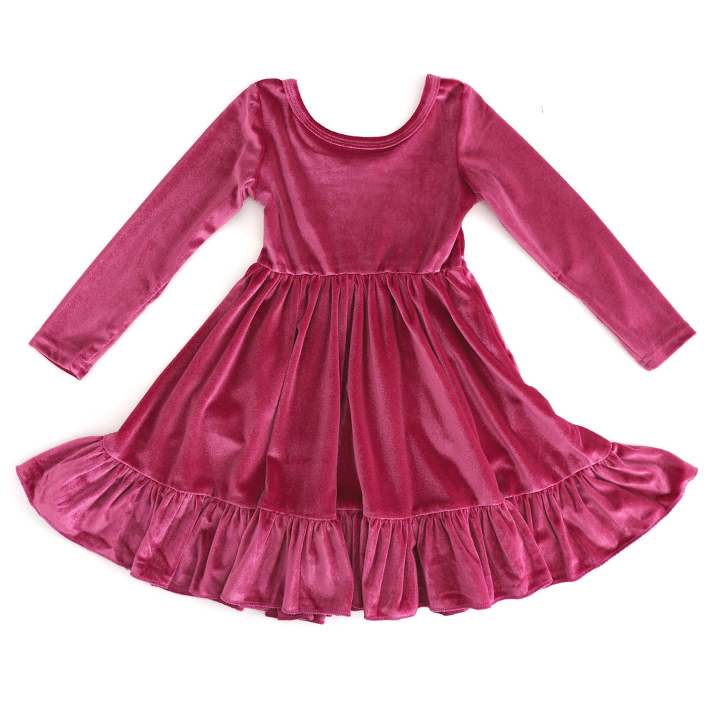 girls' long sleeve raspberry pink velvet twirly dress with ruffle hem for fall and Halloween