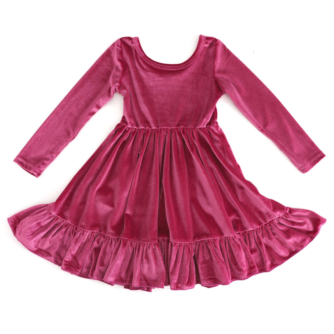 girls' long sleeve raspberry pink velvet twirly dress with ruffle hem for fall and Halloween