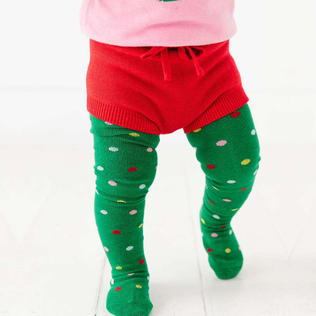 red sweater knit bloomers for baby girl with christmas dot tights