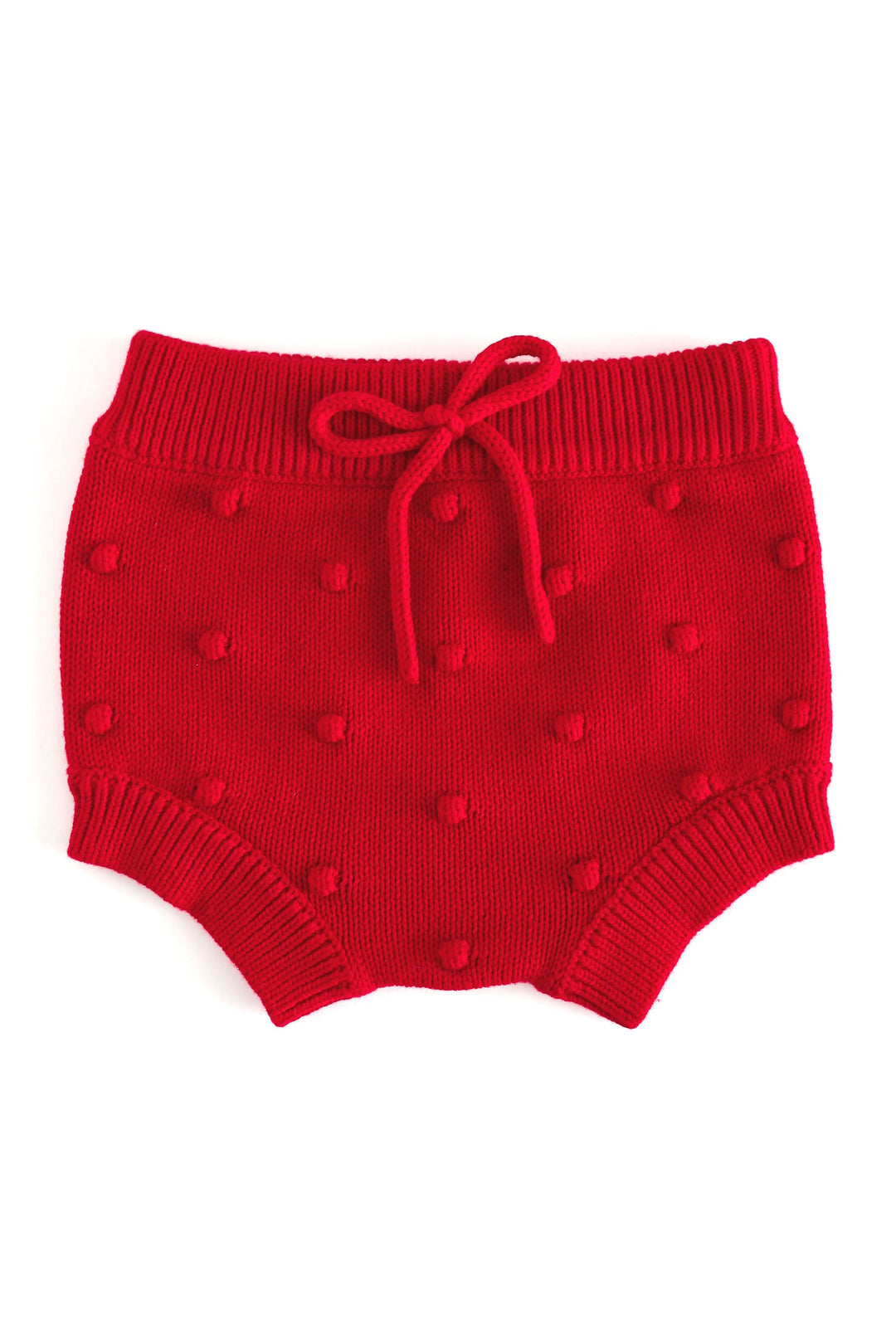 bright red cotton bubble knit baby bloomer shown on plain white background