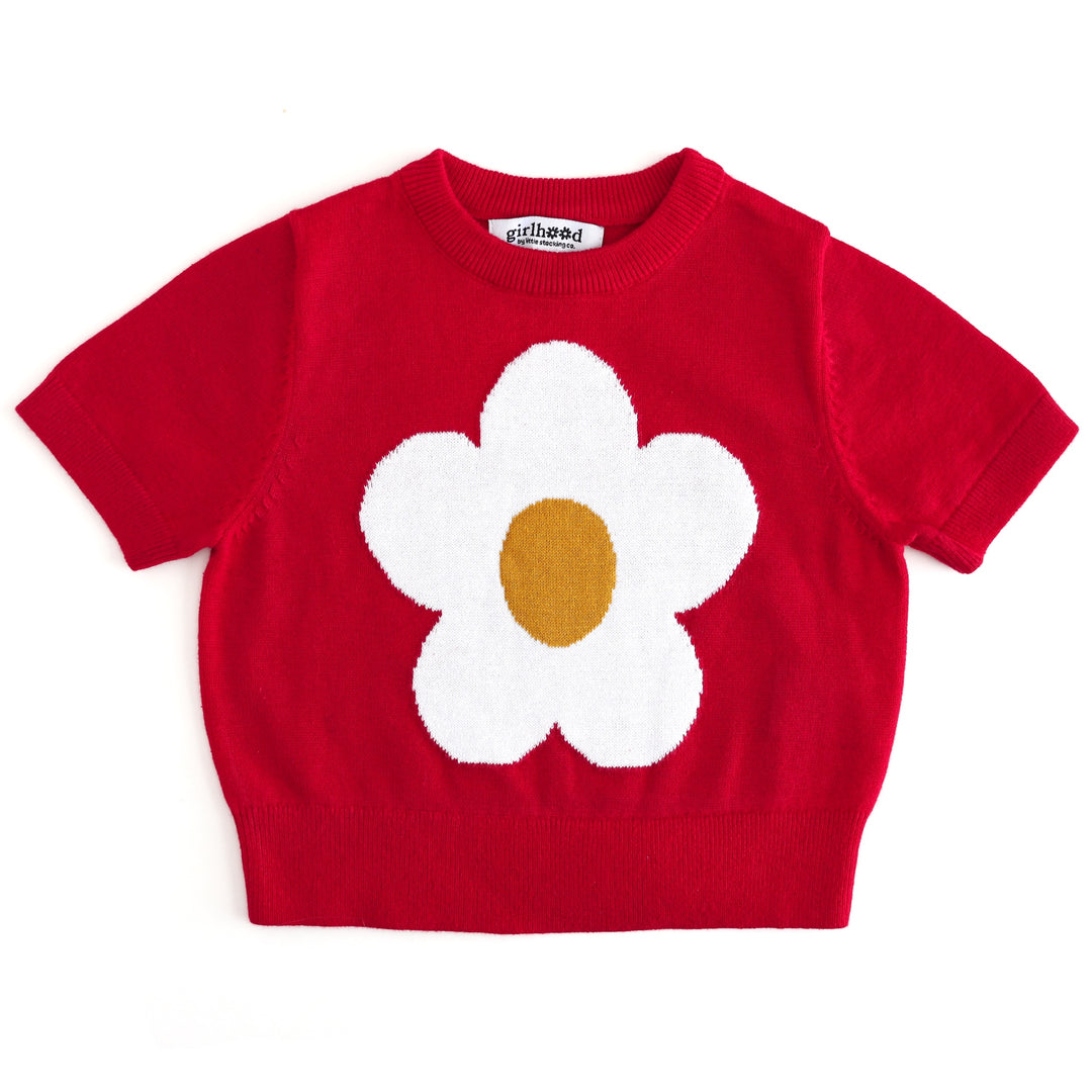 girls short sleeve knit sweater in red with white flower on front