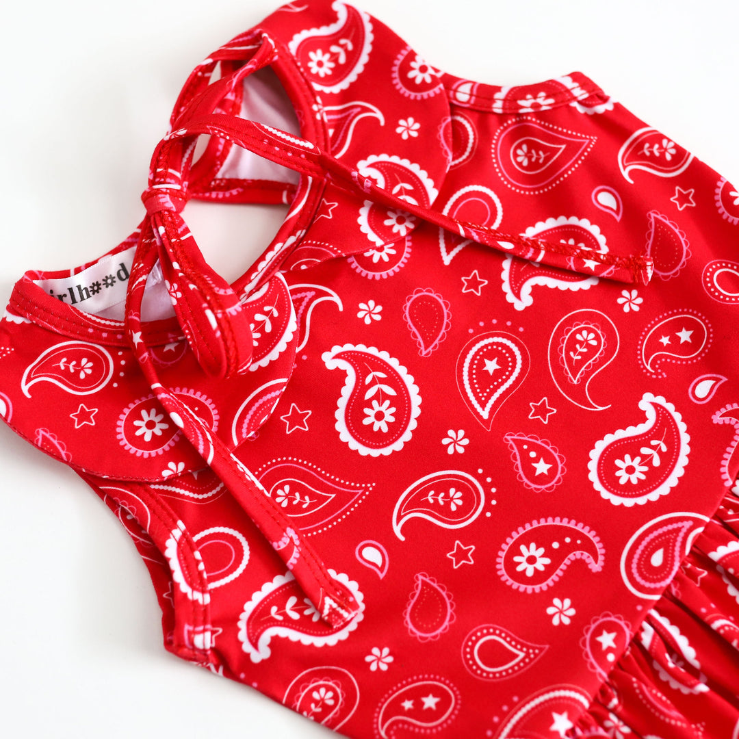 detail of red paisley girls summer twirl dress