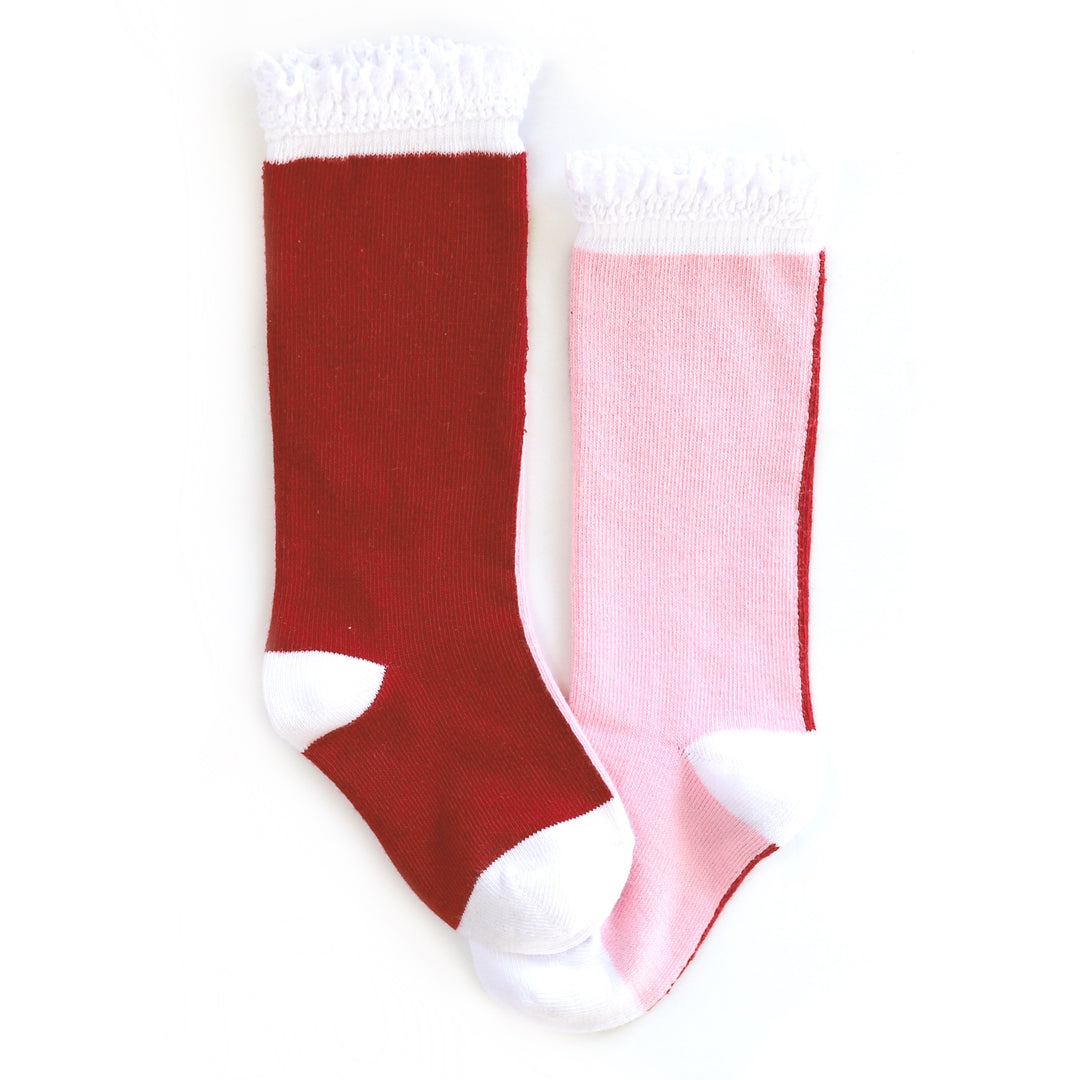 girls pink and red colorblock knee high socks for valentines day