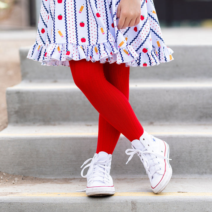 Ribbed Knit Tights - Apple Red