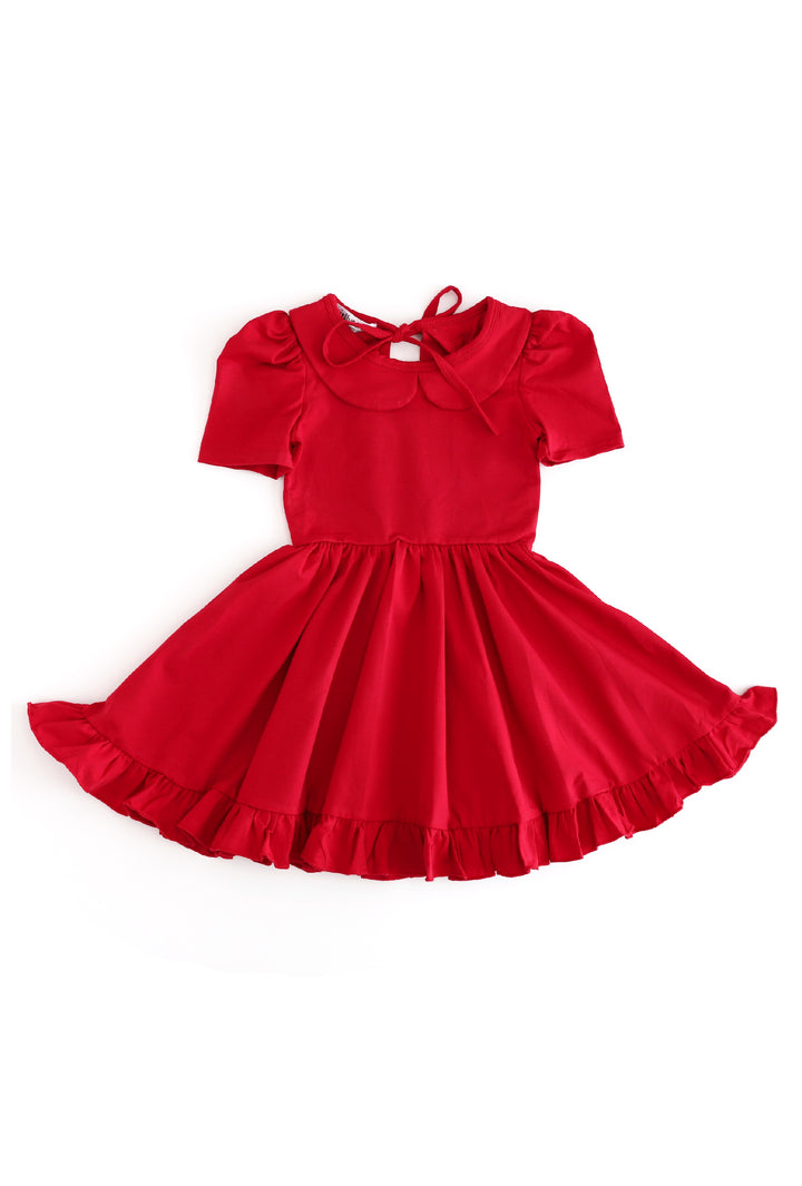 girls bright red collared twirl dress with ruffle trim and short sleeves for back to school uniform or christmas
