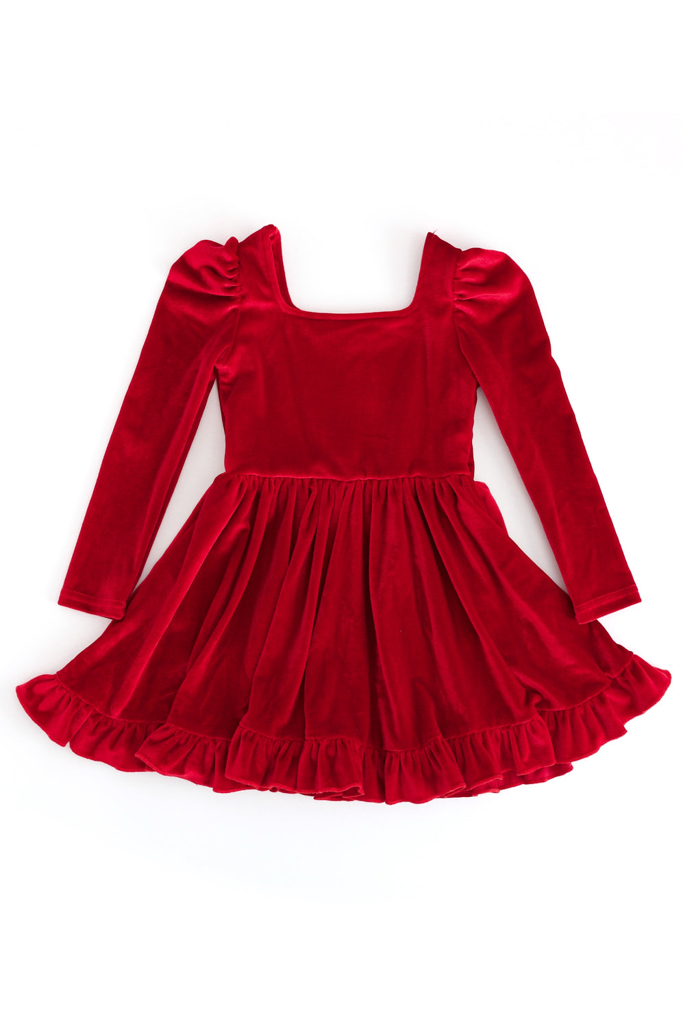 girls' red velvet twirl dress with square neck on white background