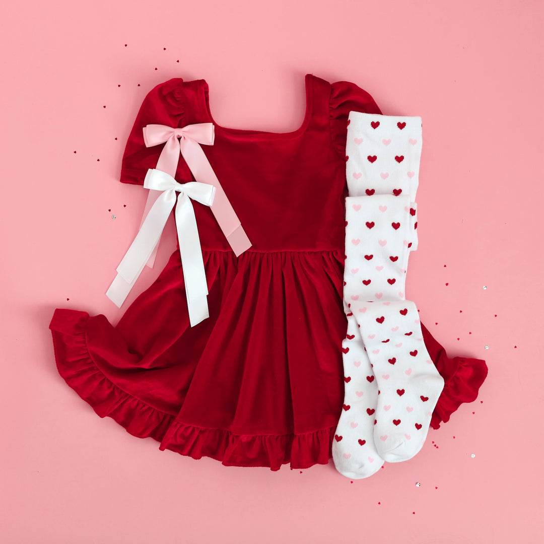 girls valentine's day red velvet square neck dress and heart tights with matching pink and white ribbon bows