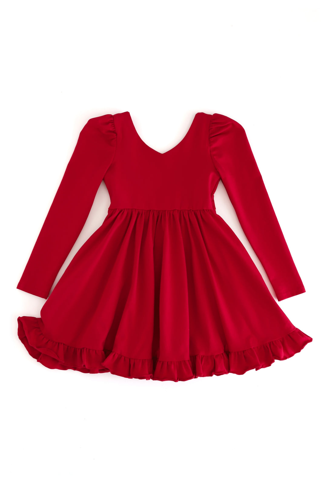 A bright red long-sleeve dress for toddlers or kids, featuring a V-neckline, puffed sleeves, a gathered waist, and a ruffled hem, shown flat on a white background.