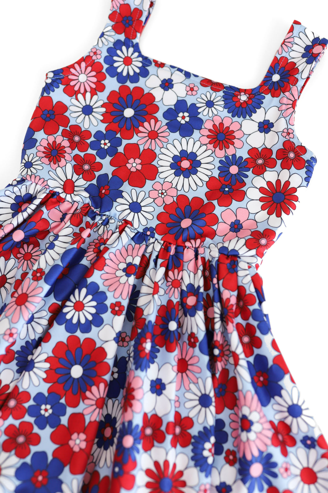 detail pic of girls sleeveless floral 4th of july summer twirl dress