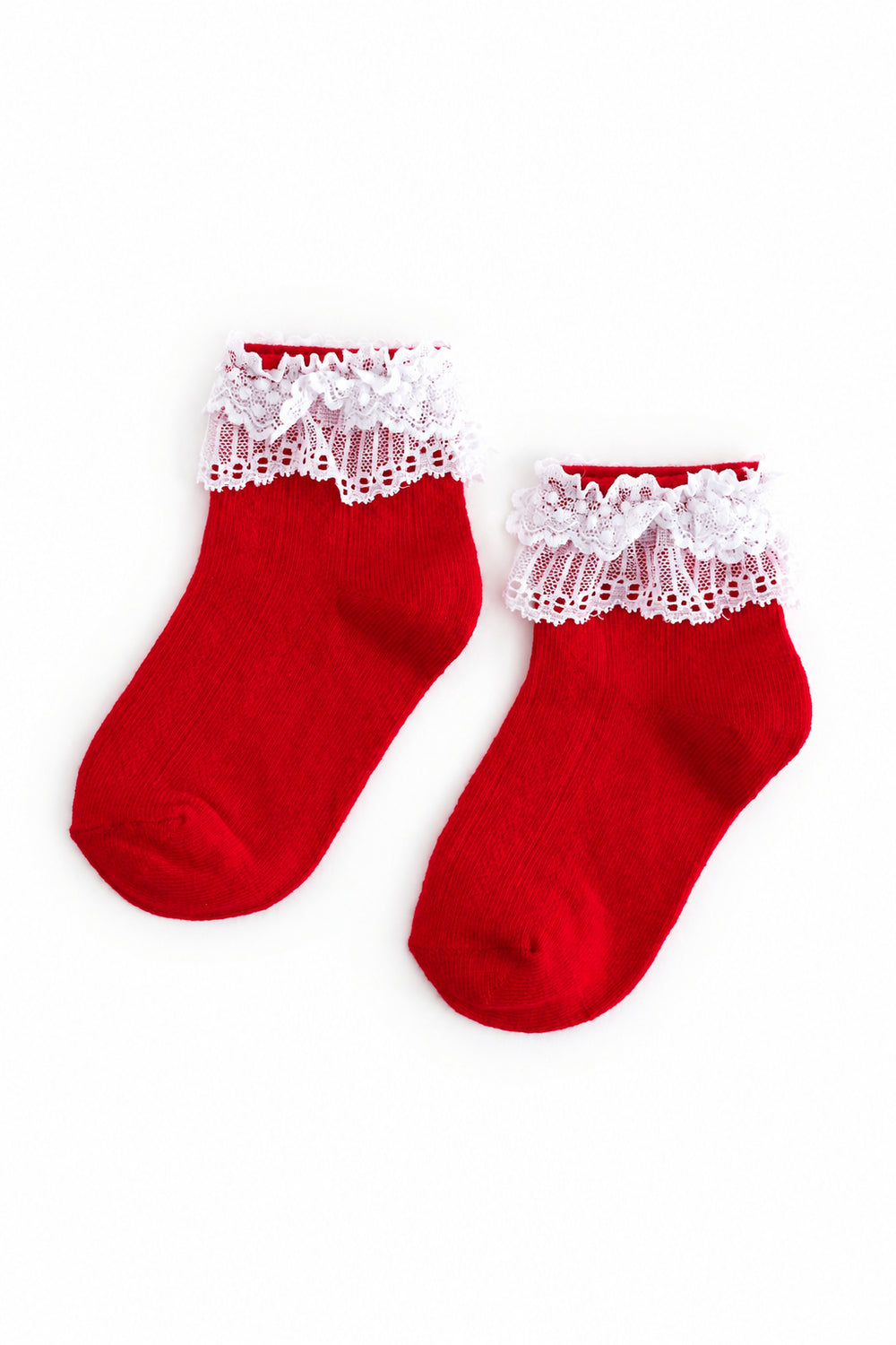 girls' red ankle socks with dainty knit pattern and white lace trim