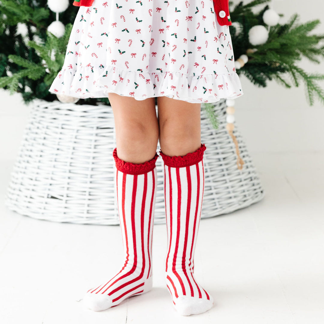 red and white vertical stripe knee high socks for christmas
